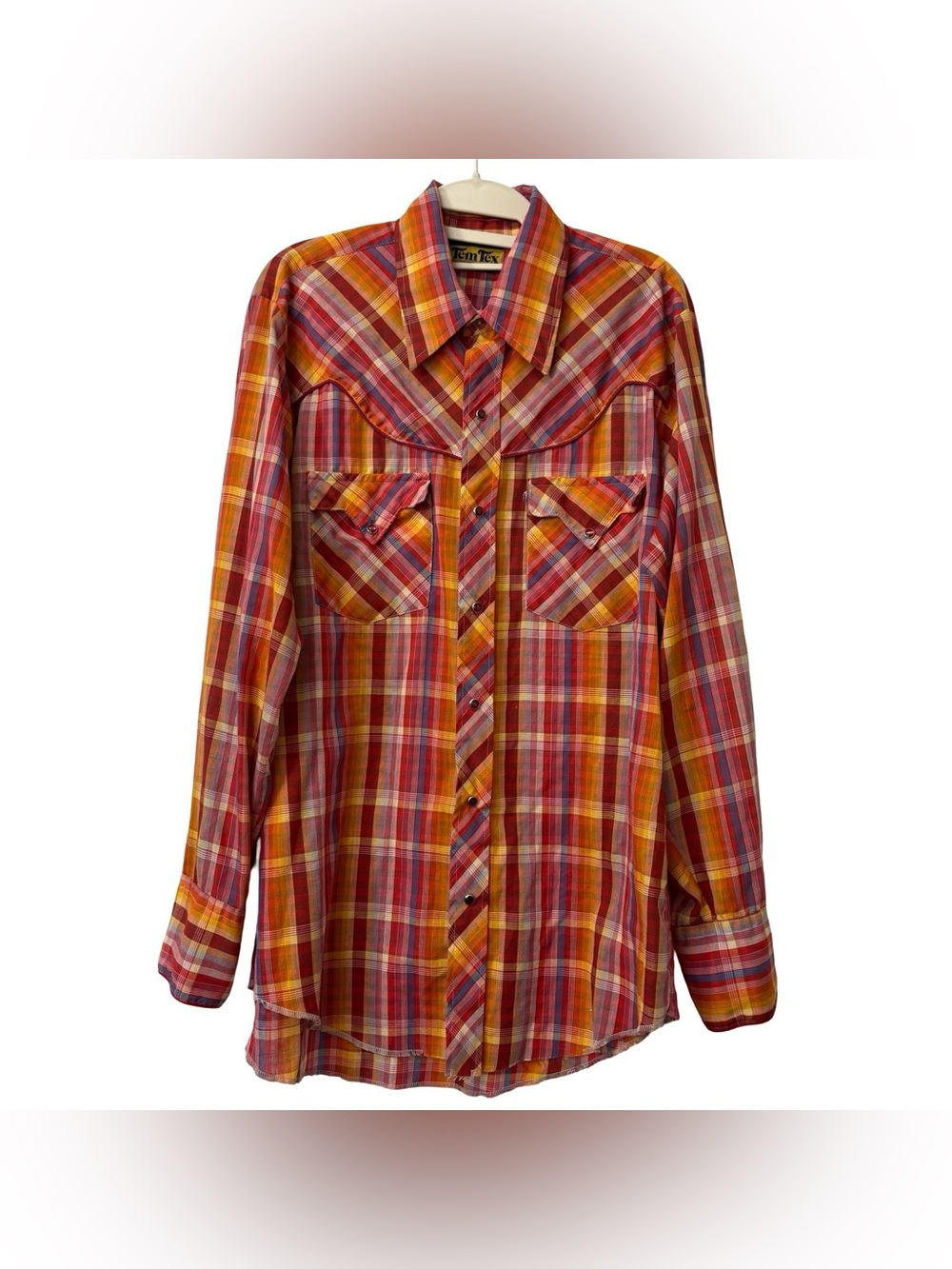 vintage 1960s Tem-Tex Western Sportswear shirt red yellow plaid pearl snap Large